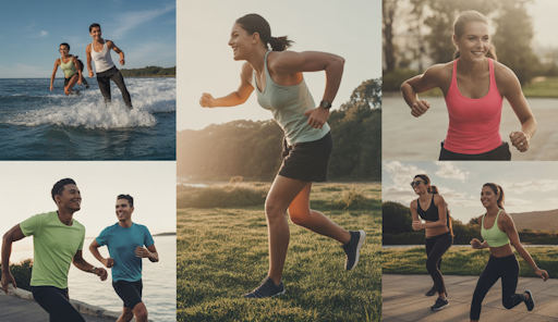 Image collage showing people enjoying energetic, healthy activities
