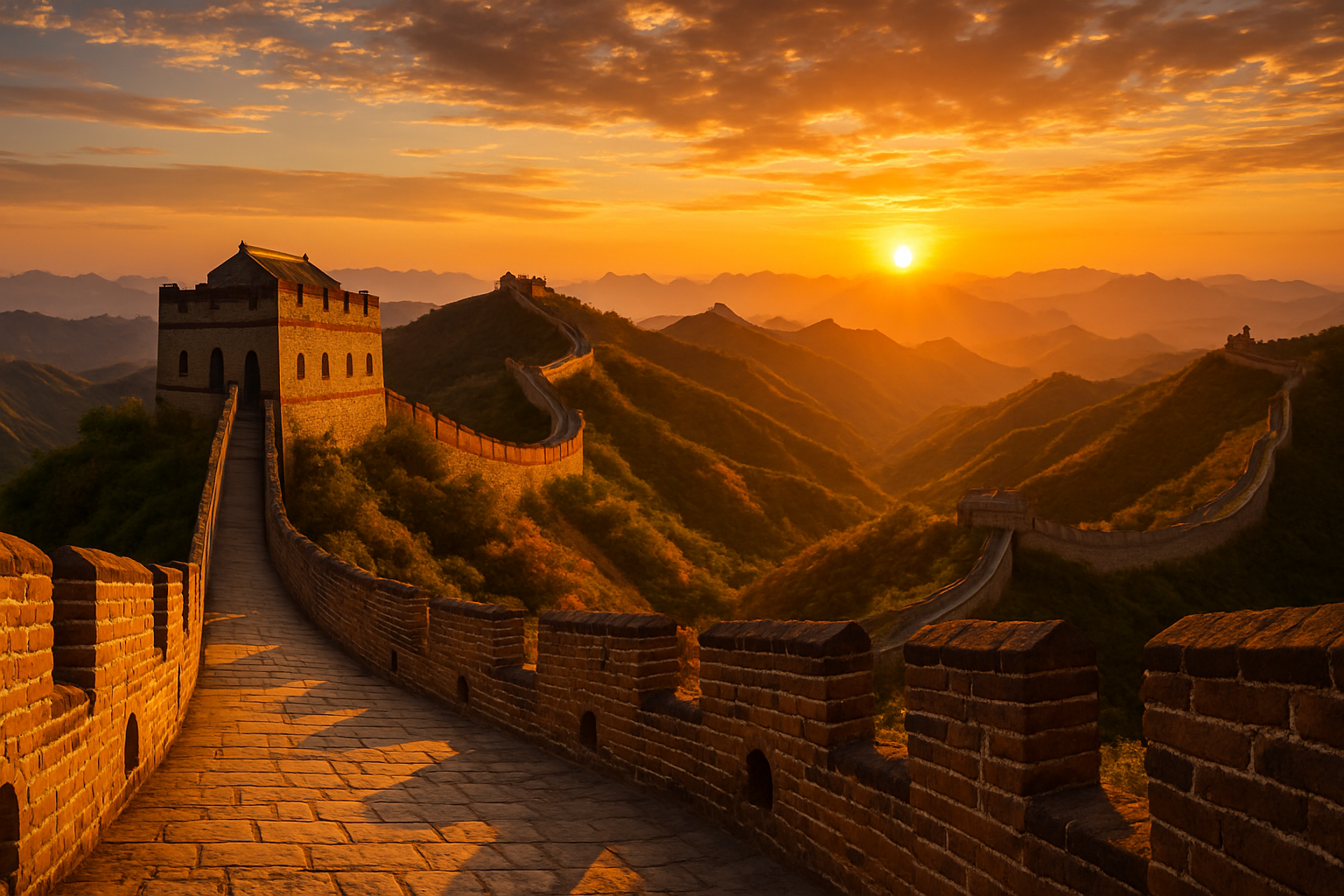 Stunning view of the Great Wall of China at sunset