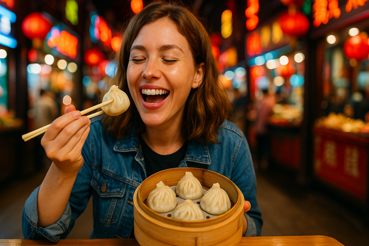 Traveler enjoying authentic food in China